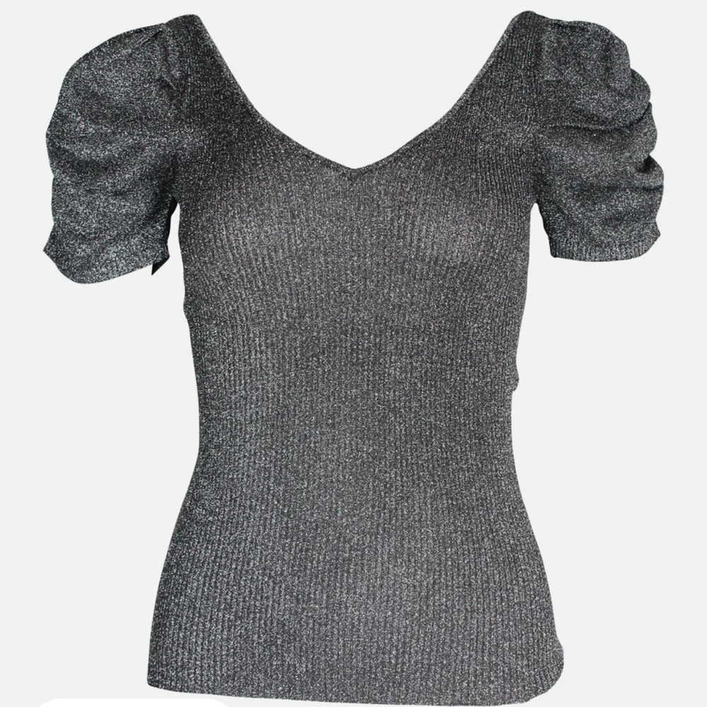 Sandro Metallic Gray Puff Sleeve Blouse